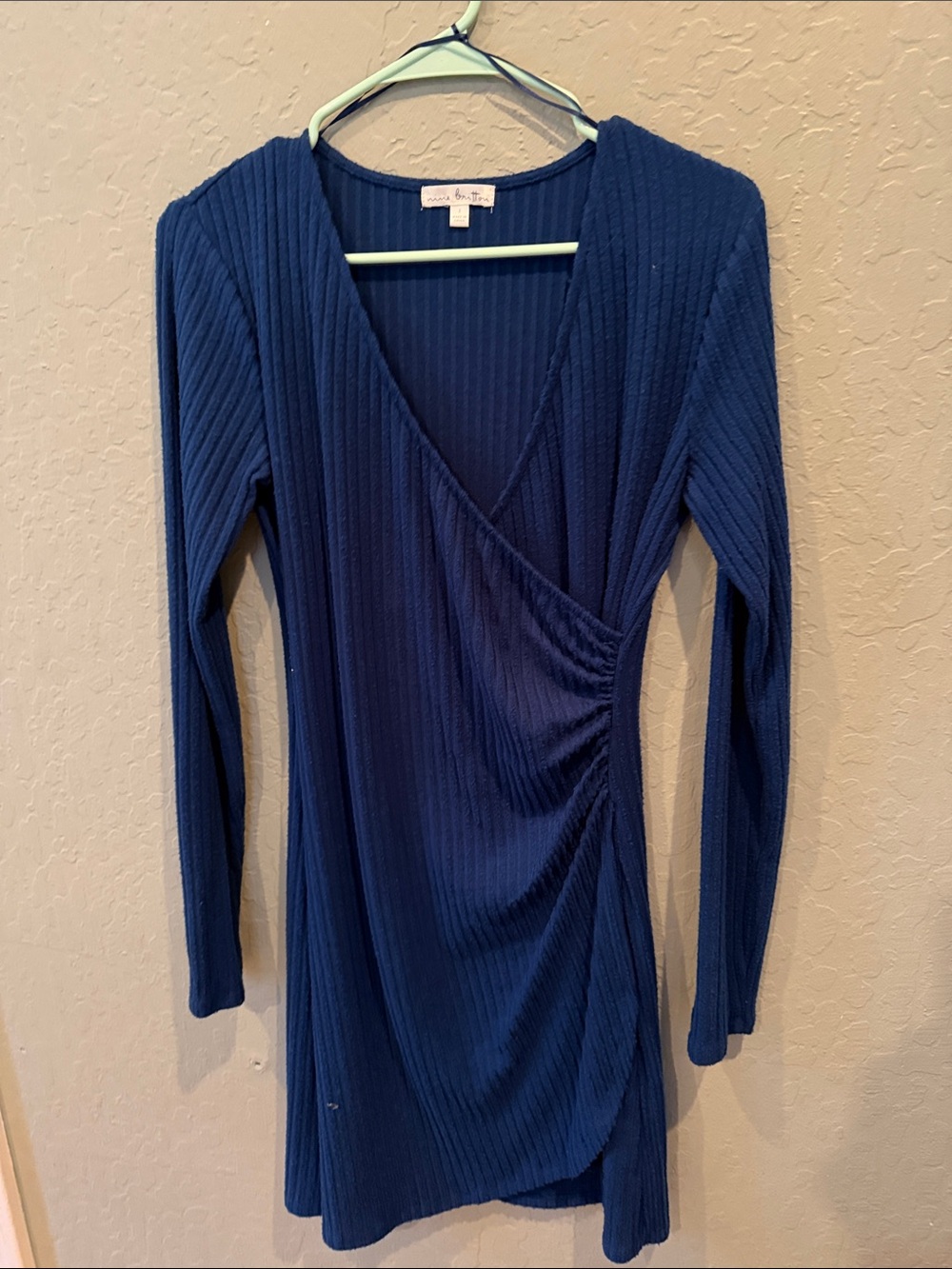 Nine Britton Deep Navy Ribbed Wrap-Style Long Sleeve Dress